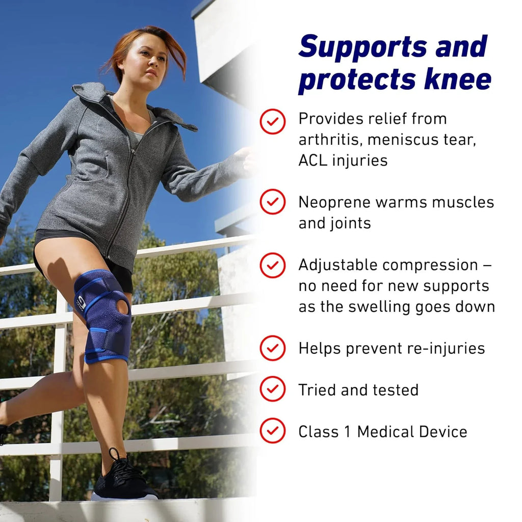 Neo- Knee Support, Open Patella – Knee Support for Knee Pain Arthritis, Joint Pain Relief, Meniscus tear, runners knee, patella injuries – Knee support for women and men - Adjustable Compression