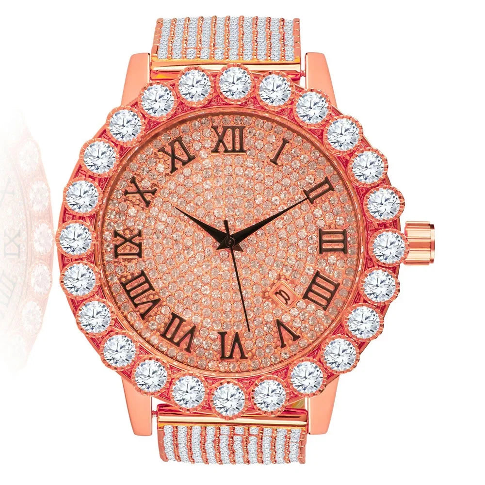 Roman Dial Solitaire Bezel Men's Lab Diamond 18K Rose Gold Finish Stainless Steel Back 10 Row Iced Out Band Custom Khronos Watch /Date