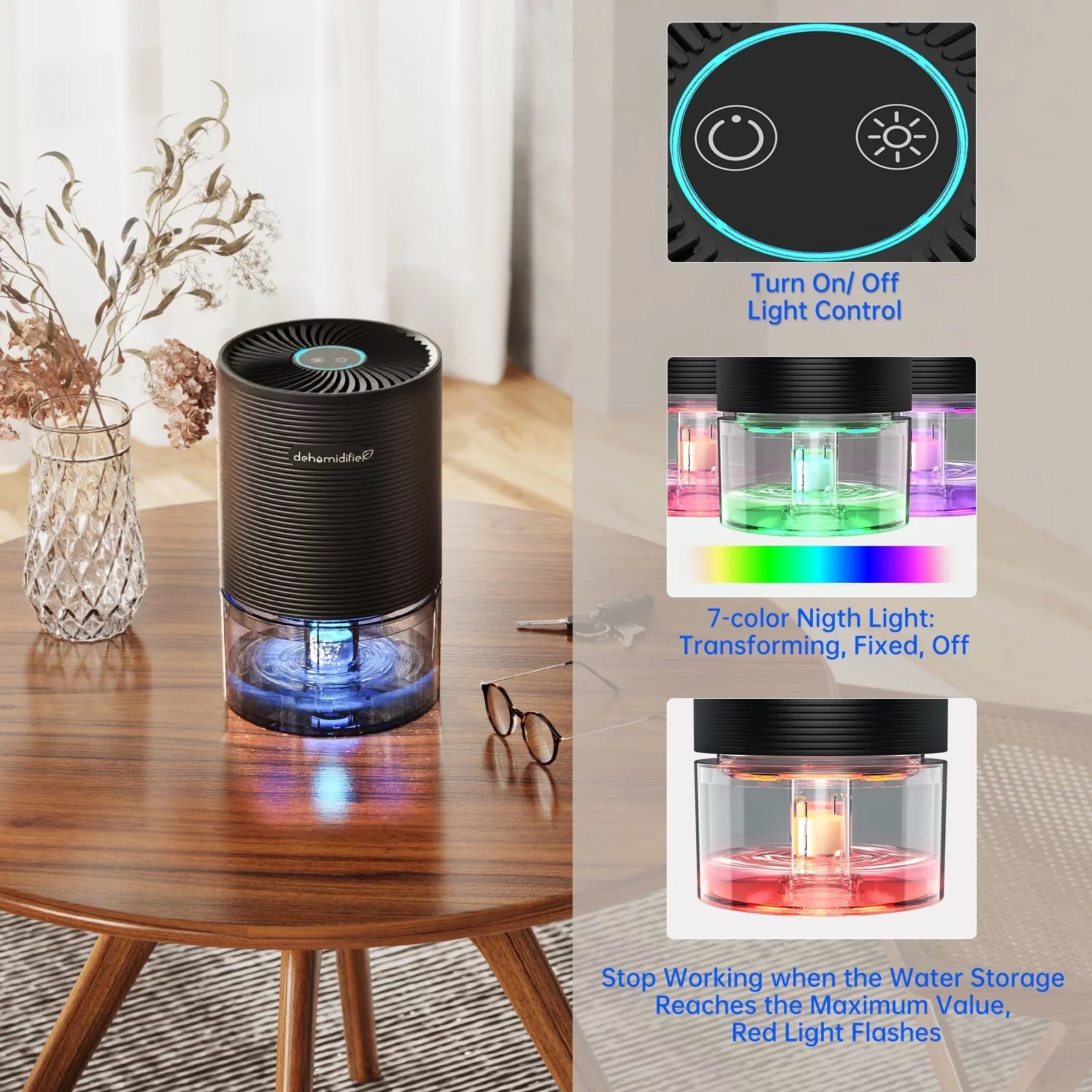 Alrocket Small Dehumidifiers for Bedroom 27oz with Auto-off,7 Colors  Light up to 215 sq.ft-Black