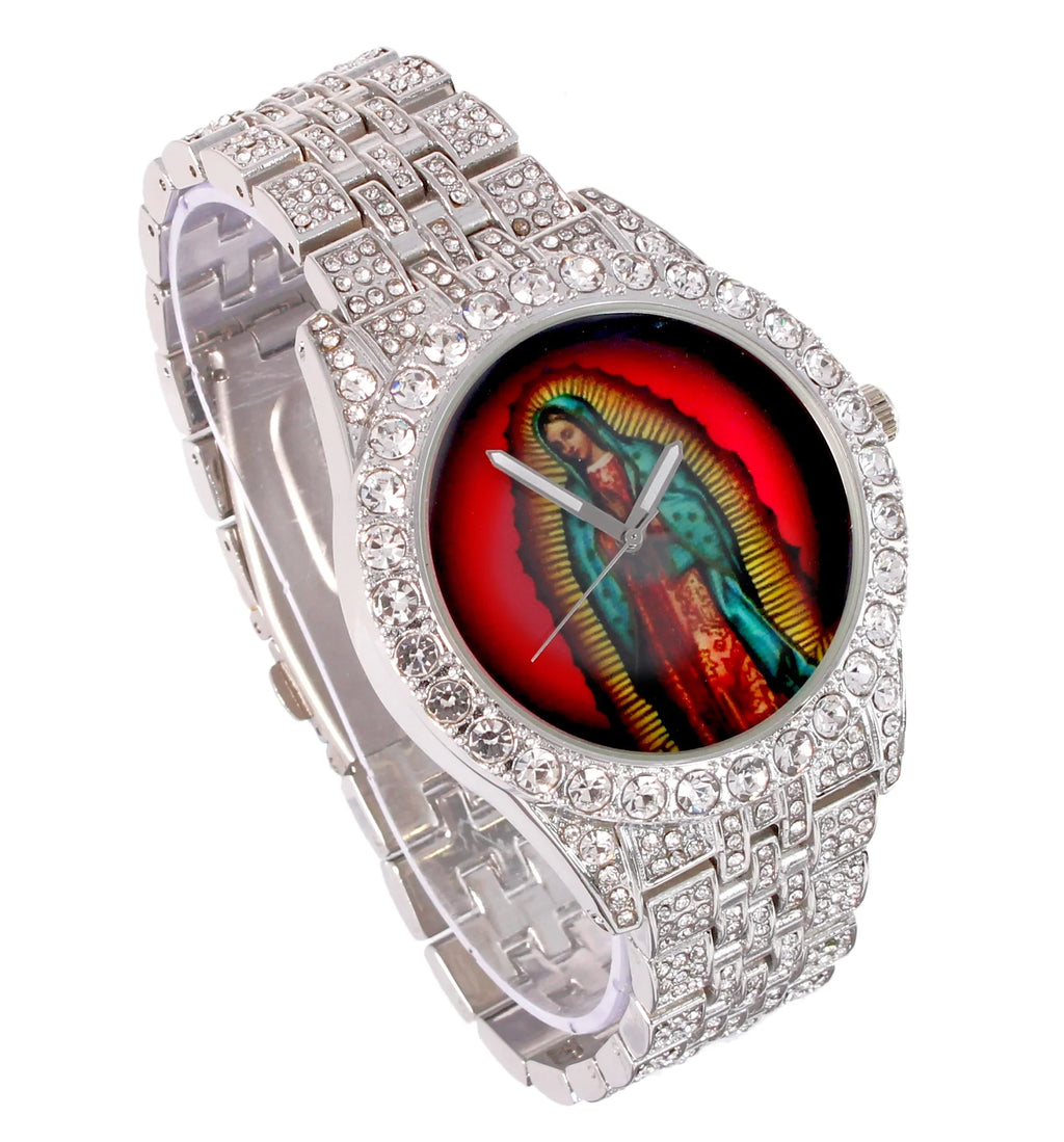 Charles Raymond The Virgin of Guadalupe Blessed Dial - Mens Hip Hop Metal Iced Out Wristwatch - Blinged Out Big Rhinestones on Trim -   Single (Silver )