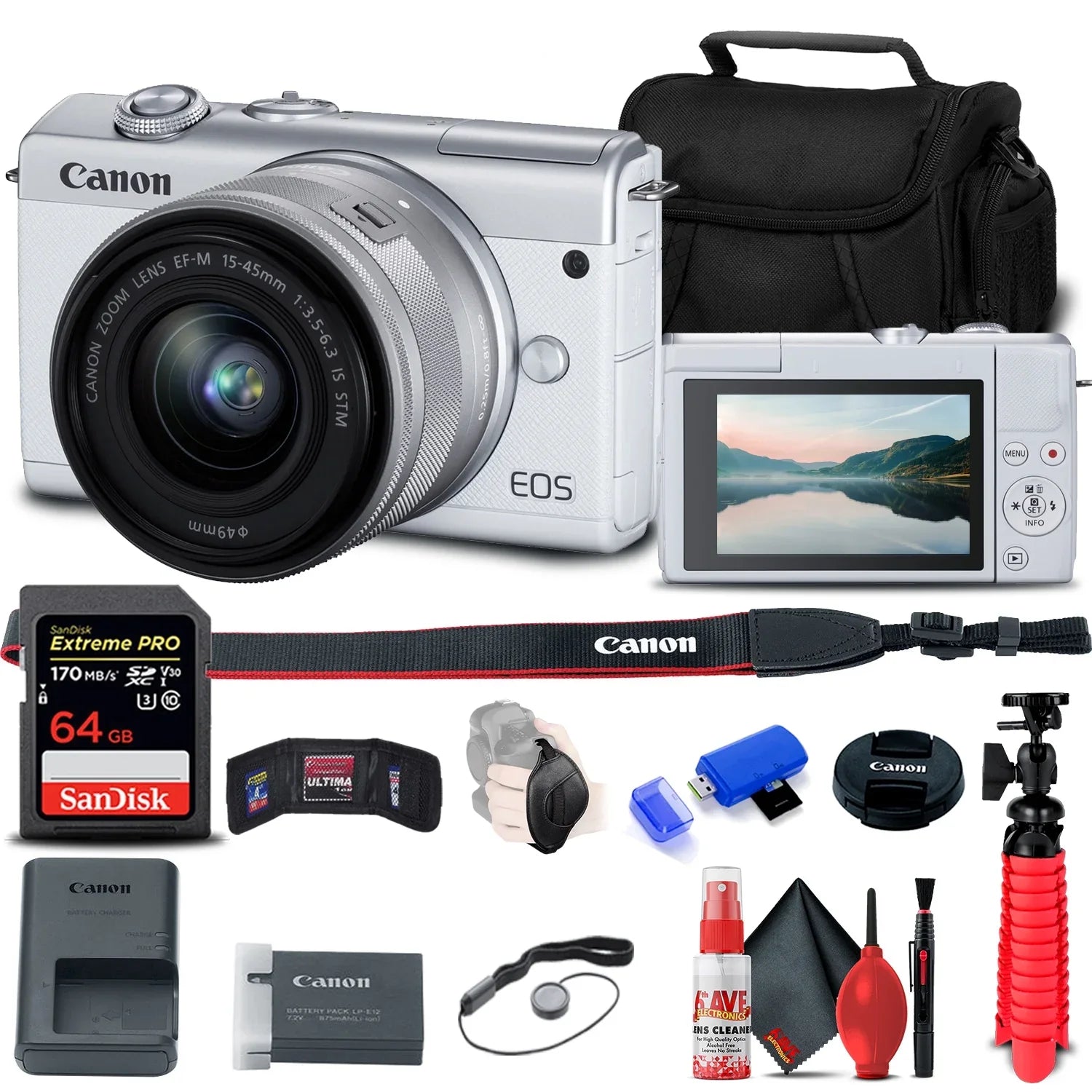 Canon   Mirrorless Camera with 15-45mm Lens (White) (3700C009) + 64GB Memory Card + Card Reader + Case + Flex Tripod + Hand Strap + Cap Keeper + Memory  Wallet + Cleaning Kit