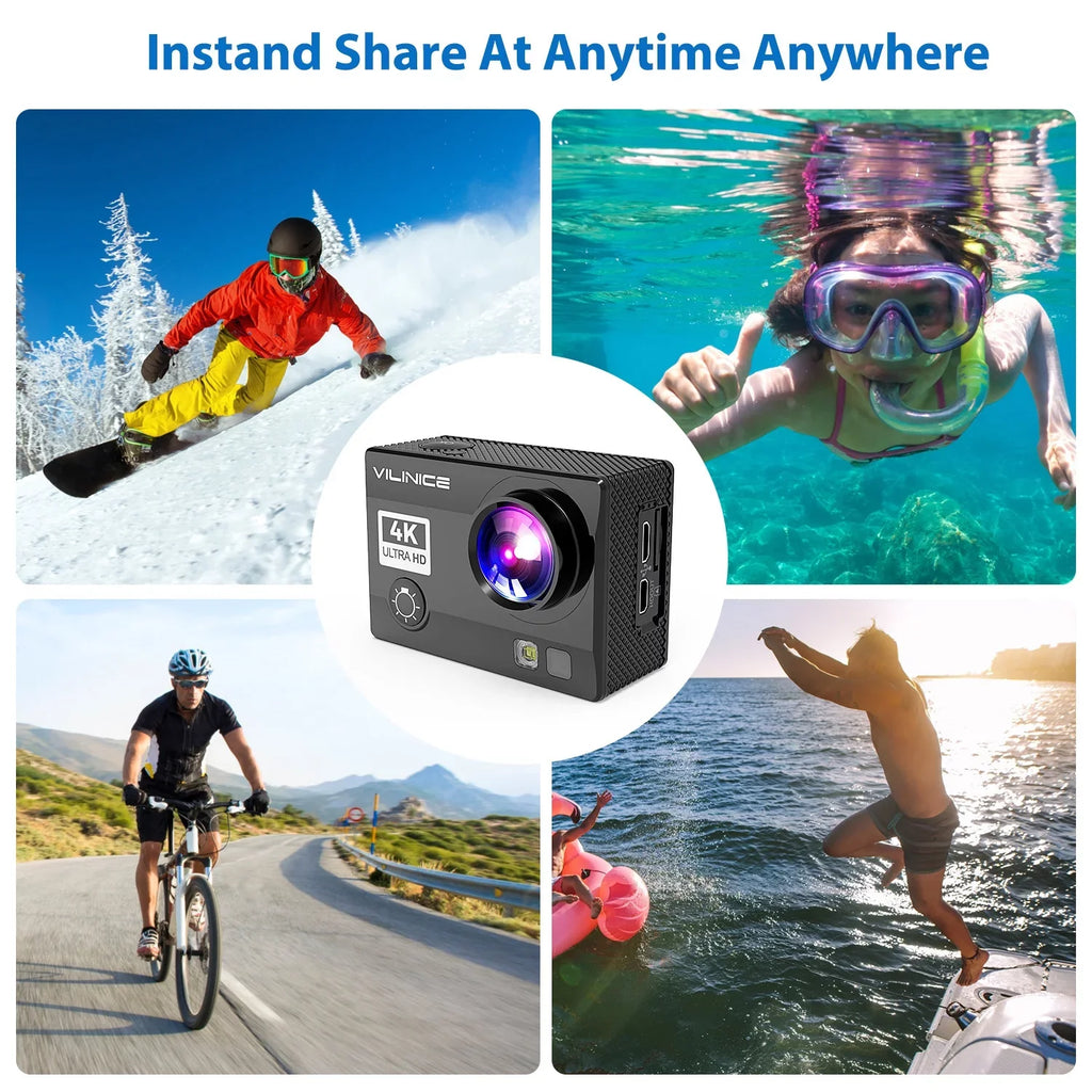 Action Camera, 4K WiFi Camera with  30m Underwater Waterproof Cameras for Snorkeling, Sports Camera with 16MP Sony Sensor, Camera Compatible Case, Remote Control for Gift, Travel