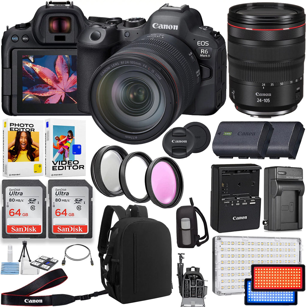 Canon   Mark  Mirrorless Camera with Canon  24-105mm f/4    Lens + 2pc 64GB Memory Cards +  Video Light + Spare Battery + Case & More