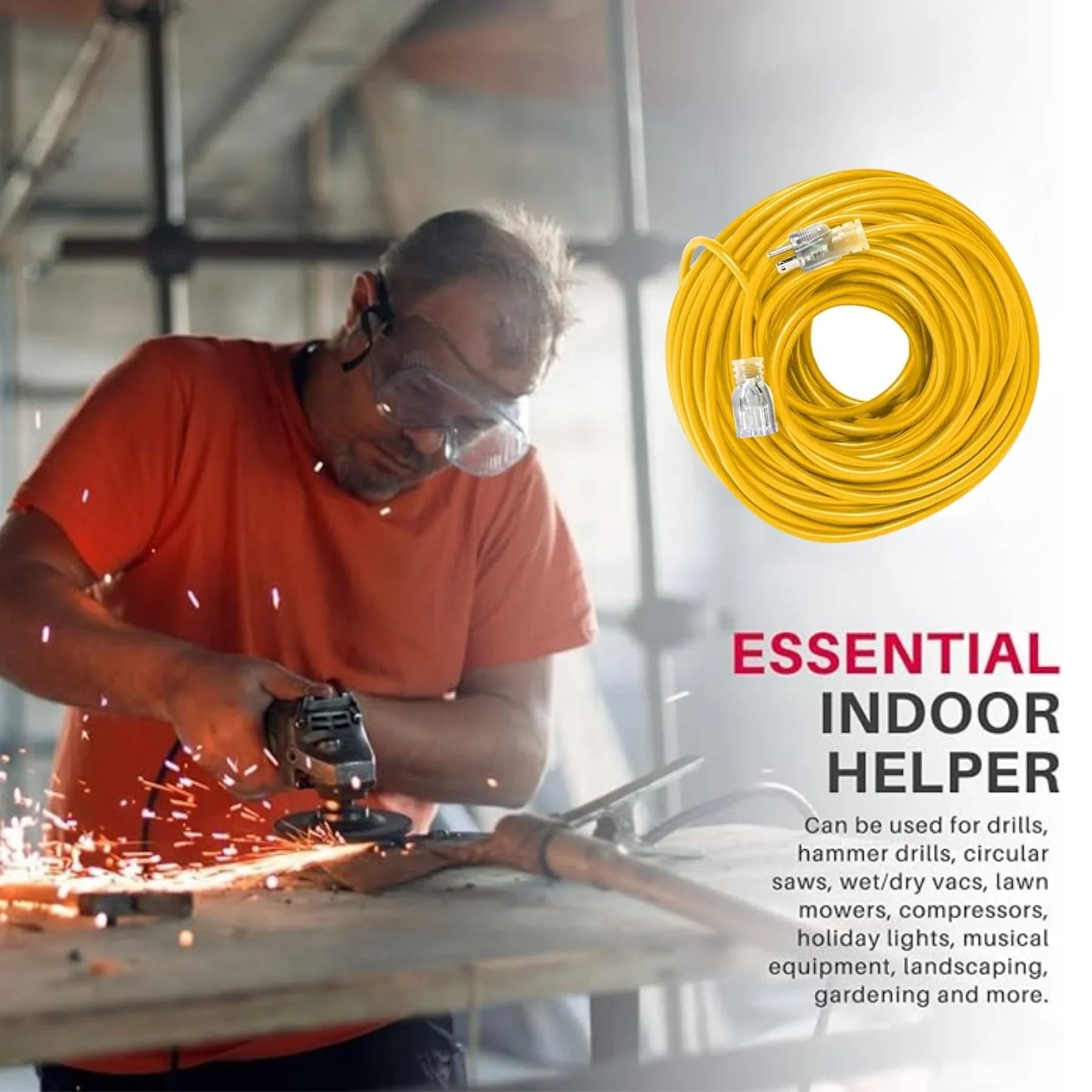 LifeSupplyUSA 100 ft Yellow Extension Cord - Durable Outdoor & Indoor Use, 16 Gauge, 3 Prong, Lighted, Flexible, Oil & Abrasion Resistant, 10 , 125V, 1250W, Smart Plug Compatible.
