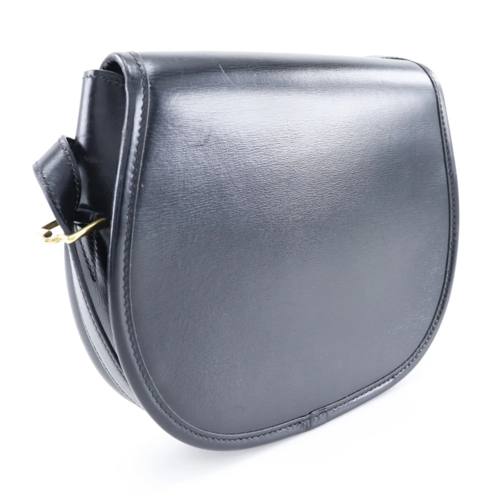 Pre-Owned Hermes  Double  Shoulder Bag Vintage Calf Made in France 1983 Black/Gold Hardware 〇M Crossbody Snap Button Ladies (Fair)