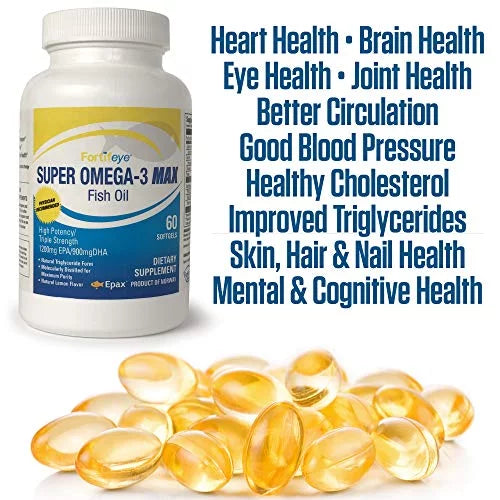 Fortifeye Vitamins Super Omega-3 Max Fish Oil, Lemon Flavor, Natural Triglyceride, 1200  / 900  Per Serv.- 30 Day, 60 Max Softgel Capsules
