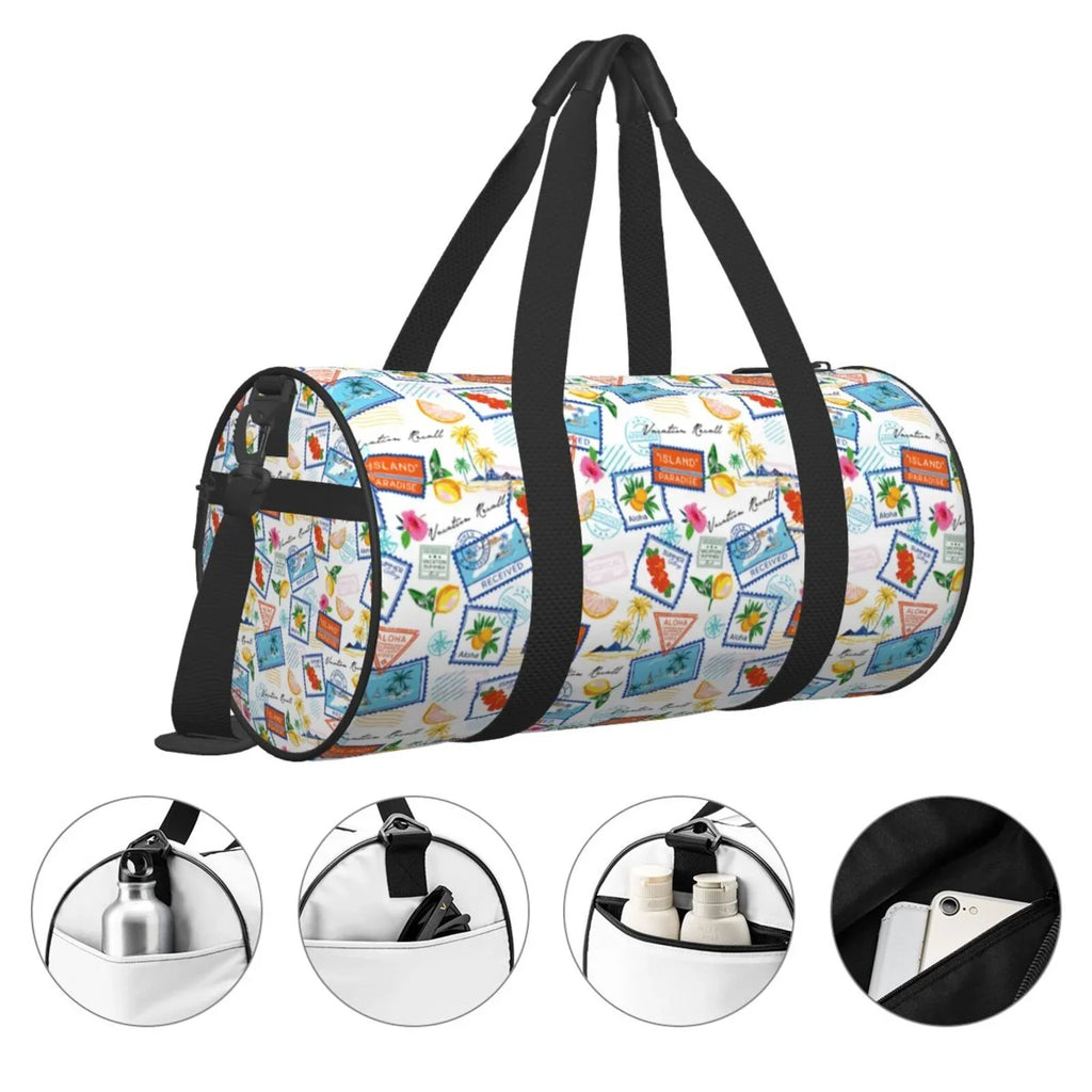 Coaee Summer Stamp Large Capacity Travel Luggage Bag Cylinder Gym Bag Waterproof Sports Bag with Pocket and Compartment