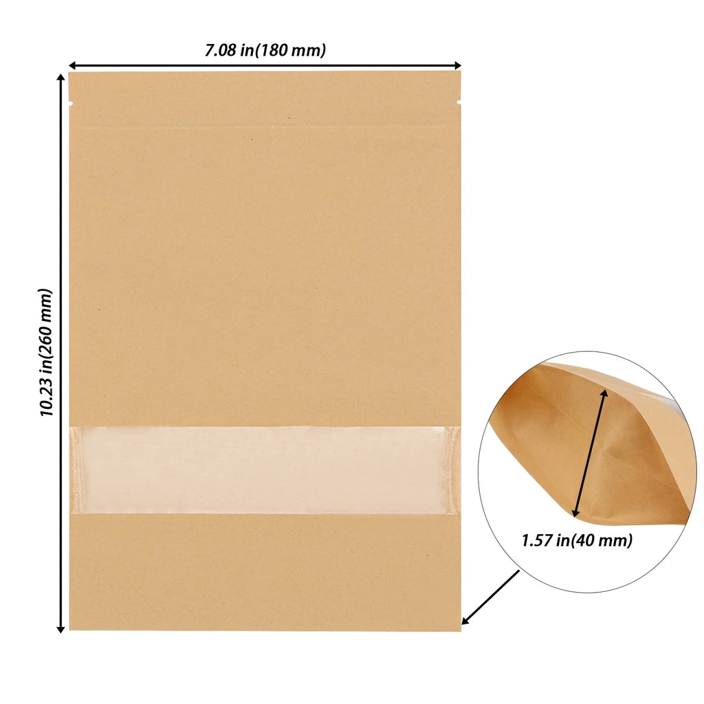 200 Pcs Kraft Bags with Windows, 7 x 10 Inch Resealable Kraft Stand Up Pouches for Food, Bean, Nut