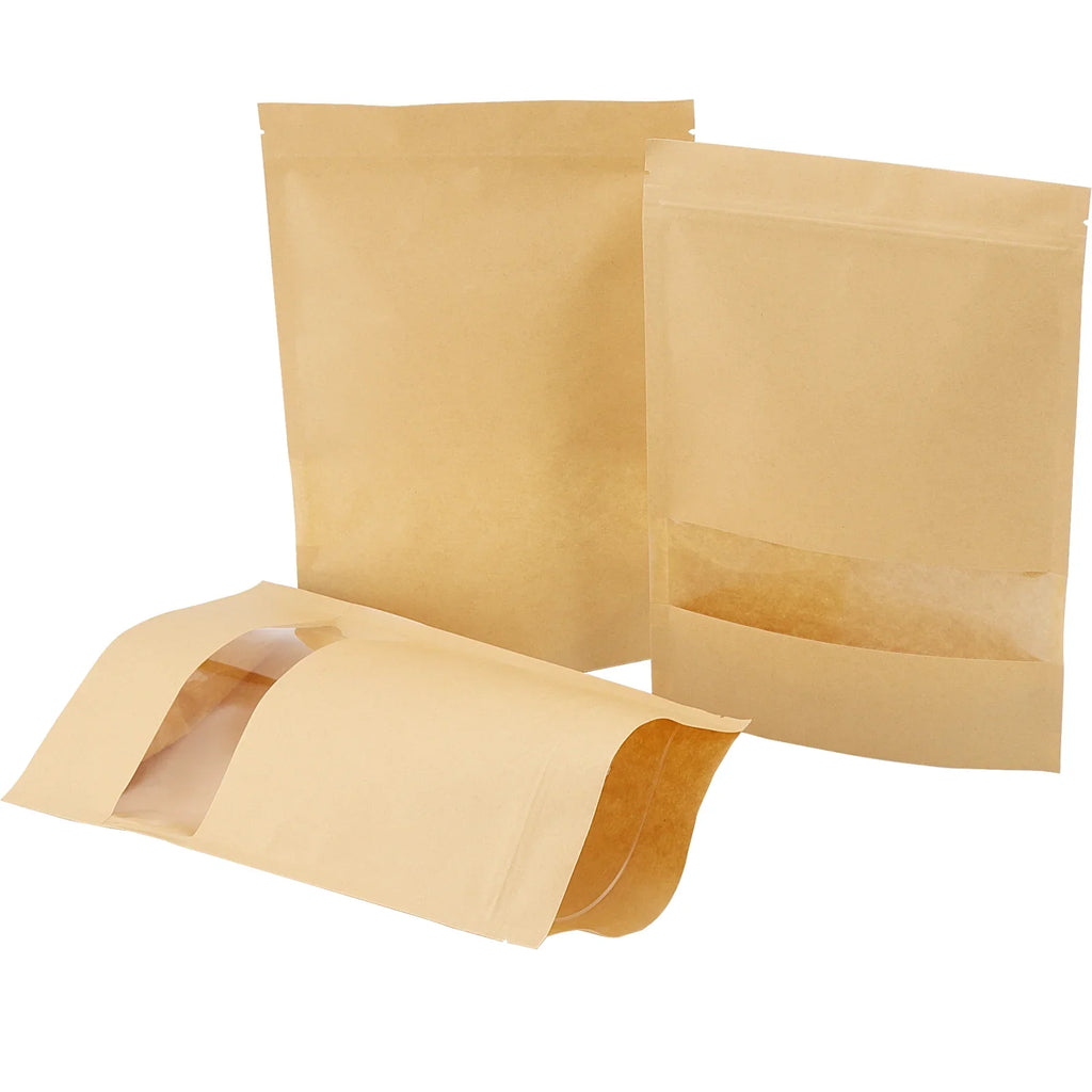 200 Pcs Kraft Bags with Windows, 7 x 10 Inch Resealable Kraft Stand Up Pouches for Food, Bean, Nut