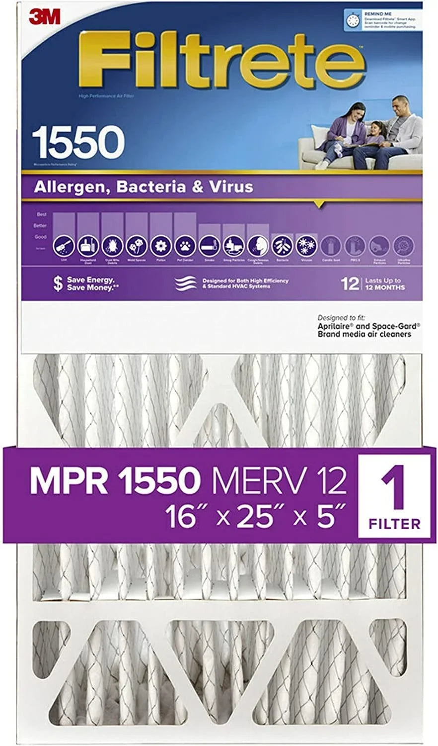 Filtrete 16x25x5,  Furnace Air Filter,  1550 , Healthy Living Ultra Allergen Deep Pleat, 1-Pack actual dimensions 15.75 x 24.13 x 4.88