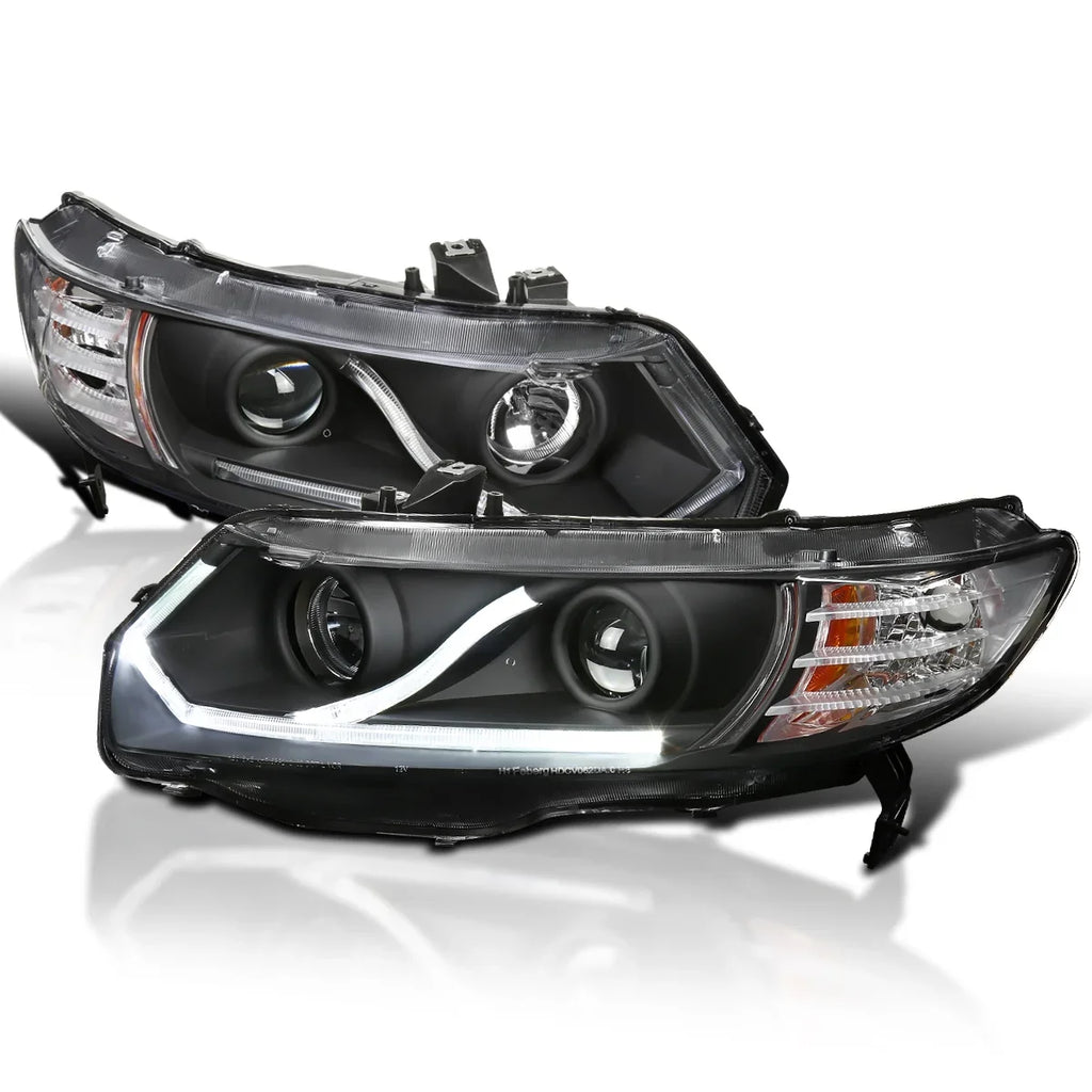 Spec- Tuning Halo Strip  Projector Headlights Black Compatible with 2006-2011 Honda Civic 2-Door Coupe Left + Right Pair Headlamps Assembly