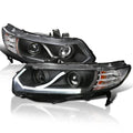 Spec- Tuning Halo Strip  Projector Headlights Black Compatible with 2006-2011 Honda Civic 2-Door Coupe Left + Right Pair Headlamps Assembly