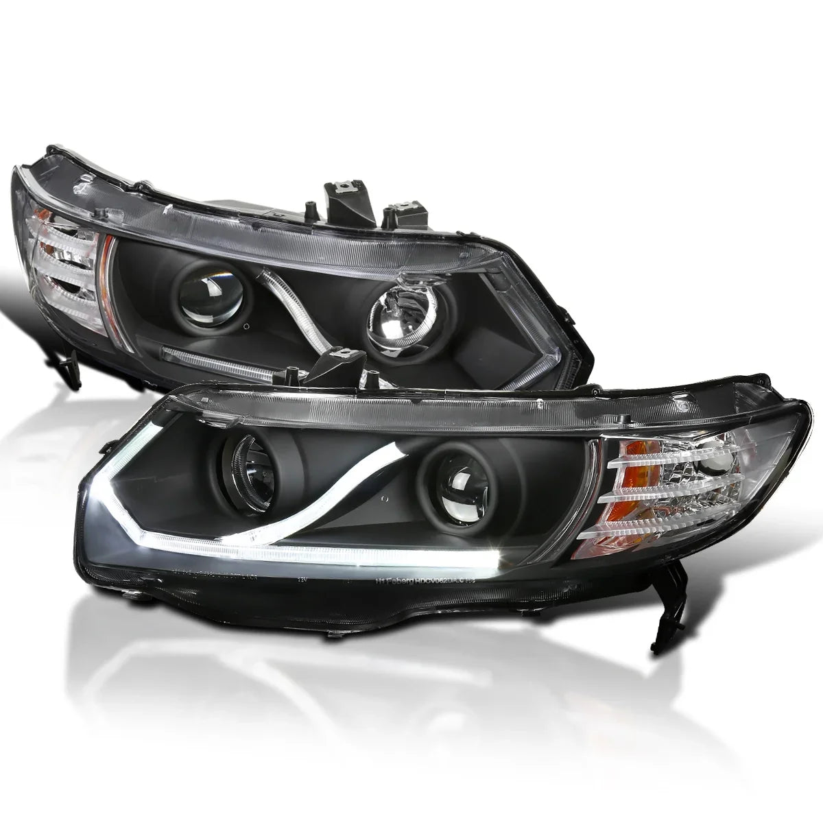 Spec- Tuning Halo Strip  Projector Headlights Black Compatible with 2006-2011 Honda Civic 2-Door Coupe Left + Right Pair Headlamps Assembly