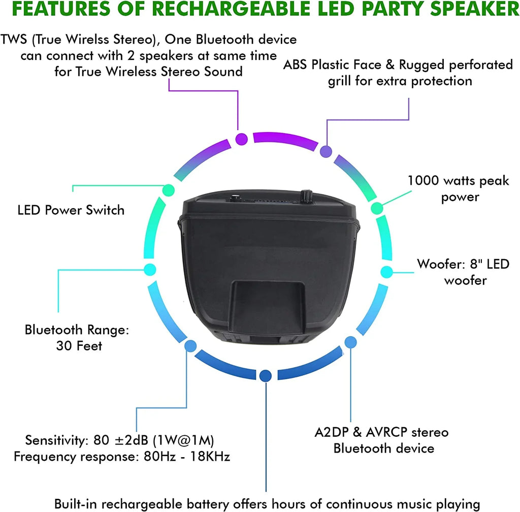 8 Inch Portable 500 Watts Bluetooth Speaker /Woofer & Tweeter /Digital Processing,  To 1/4" For Karaoke (Black, Speaker)