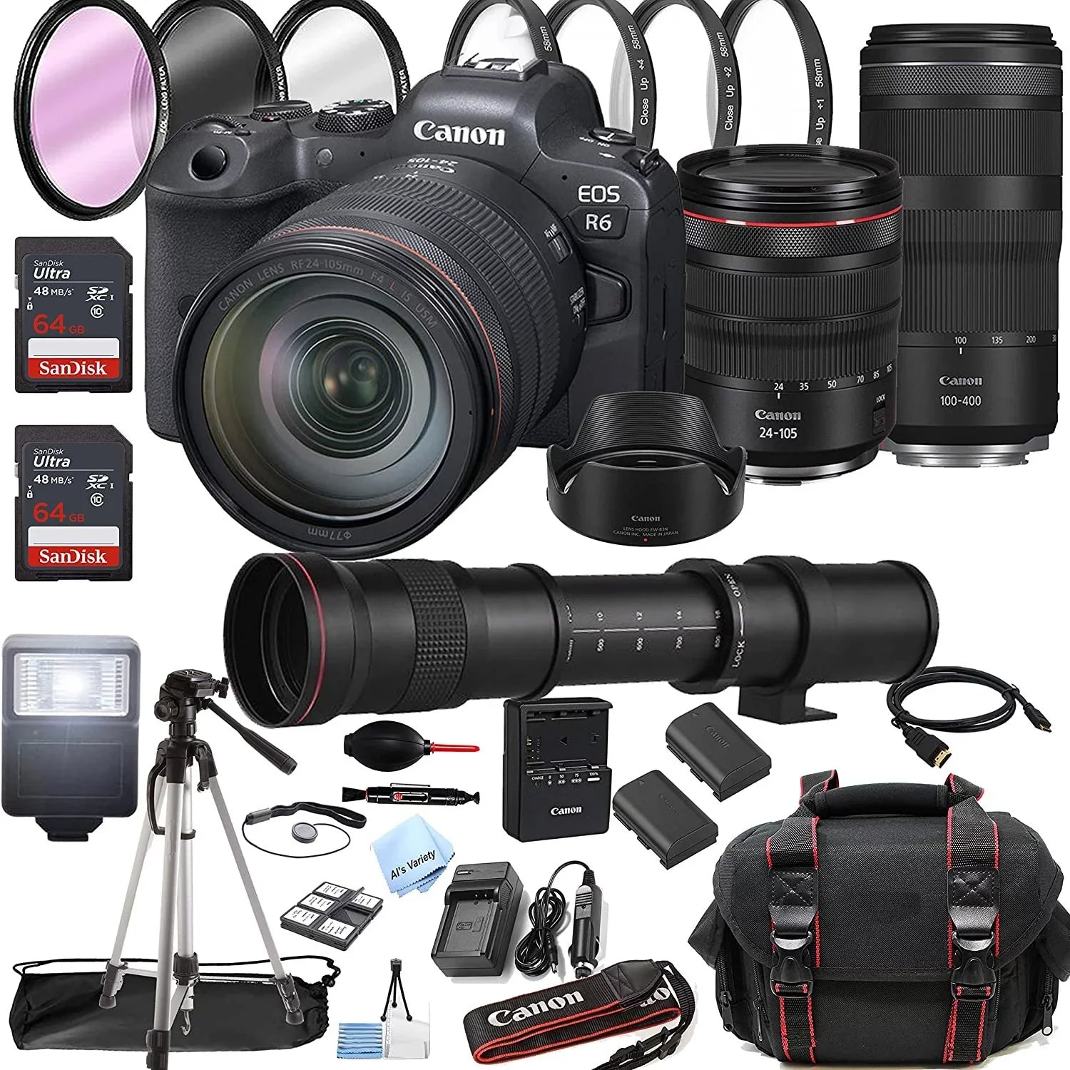 Canon   Mirrorless Digital Camera with  24-105mm f/4  is  Lens +  100-400mm is  Lens + 420-800mm Super Telephoto Lens + 128GB Memory + Case + Tripod + Filters 43pc Bundle