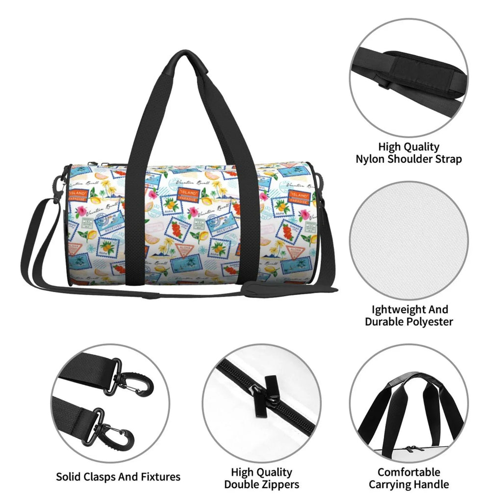 Coaee Summer Stamp Large Capacity Travel Luggage Bag Cylinder Gym Bag Waterproof Sports Bag with Pocket and Compartment