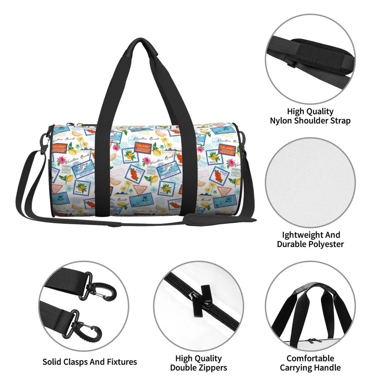 Coaee Summer Stamp Large Capacity Travel Luggage Bag Cylinder Gym Bag Waterproof Sports Bag with Pocket and Compartment
