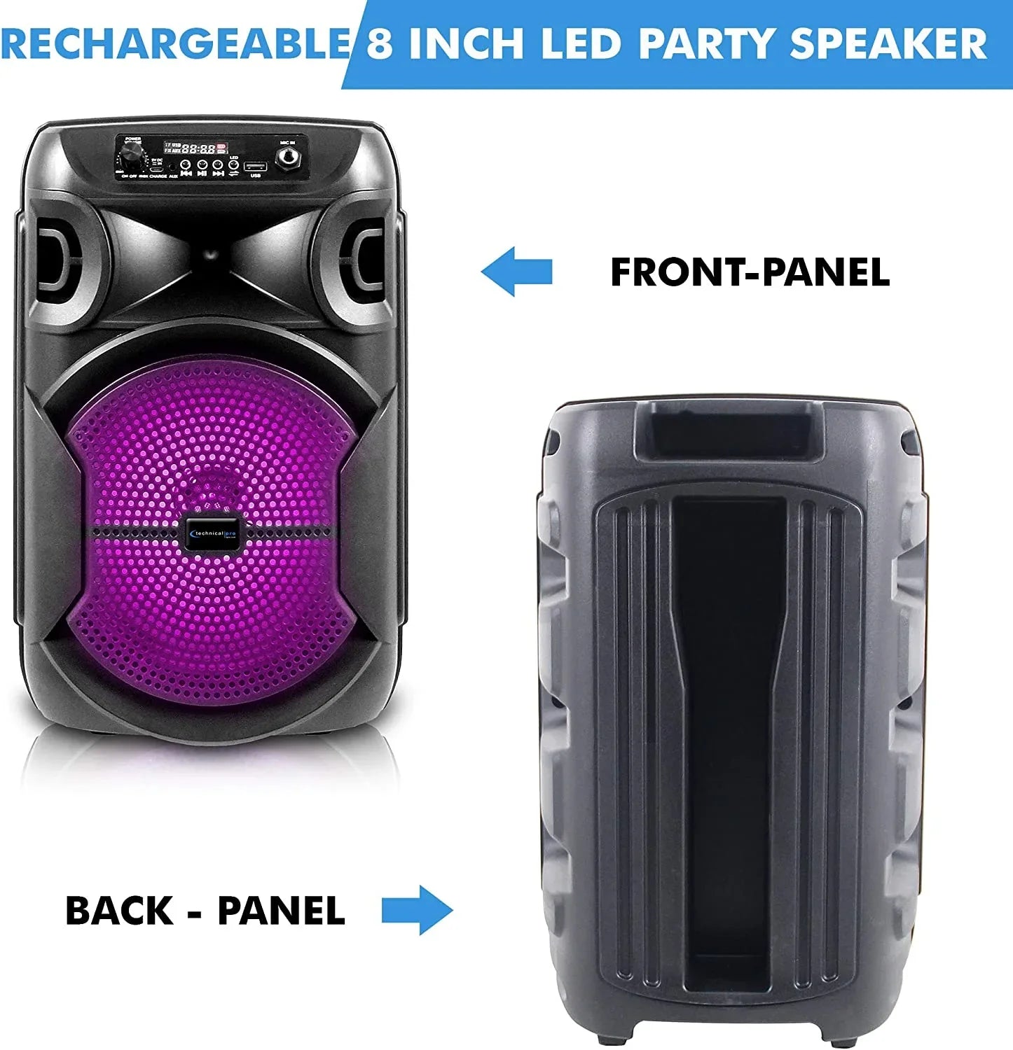 8 Inch Portable 500 Watts Bluetooth Speaker /Woofer & Tweeter /Digital Processing,  To 1/4" For Karaoke (Black, Speaker)