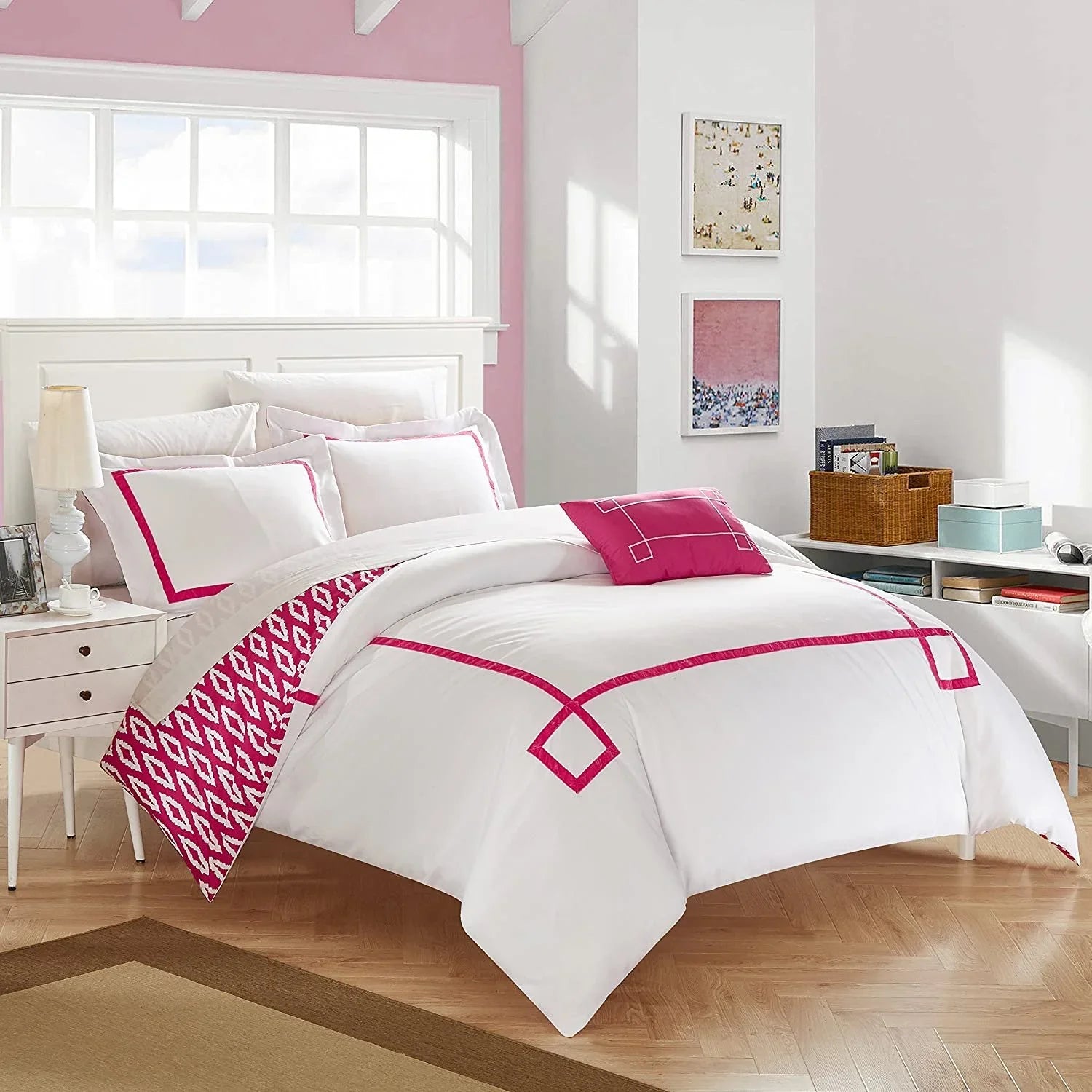 Chic Home 4 Piece Kendall Contemporary Greek Key Embroidered Reversible King Duvet Cover Set Aqua Shams and Decorative Pillows Included