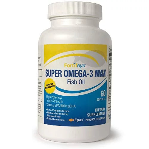 Fortifeye Vitamins Super Omega-3 Max Fish Oil, Lemon Flavor, Natural Triglyceride, 1200  / 900  Per Serv.- 30 Day, 60 Max Softgel Capsules