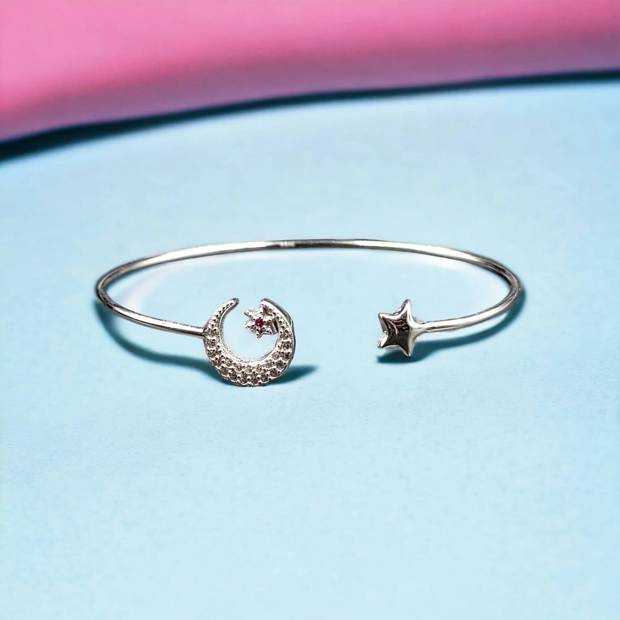 Moon and Star Solid Silver Open ended cuff style Celesticle jewelry Handmade Kada Adjustable Bracelet Best Gift idea for Girls