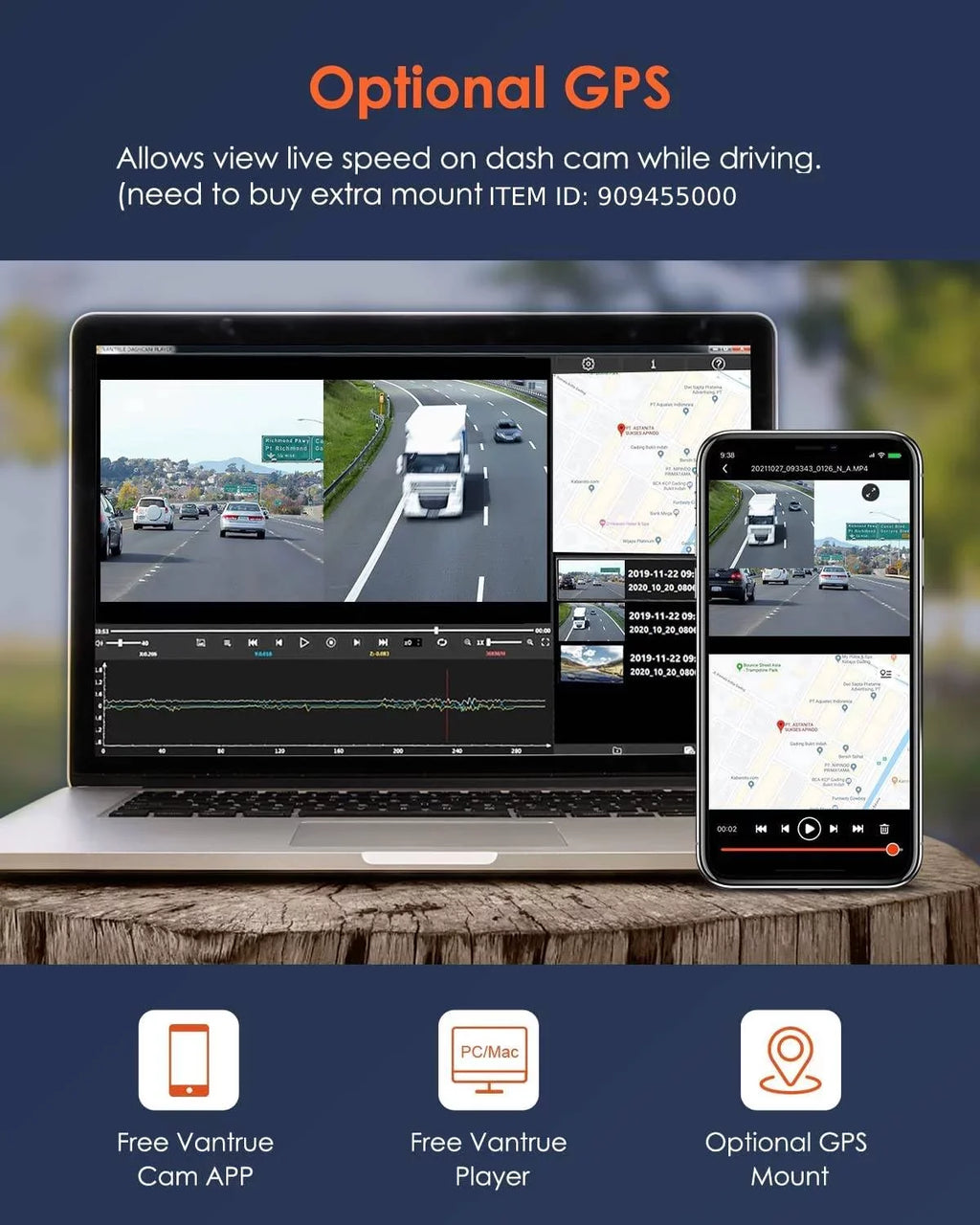 Vantrue  4K +1080P WiFi Dual WiFi Dash Cam Front and Rear with Night Vision, Wireless Car Camera Built in Super Capacitor,  for Backup camera, , 24Hs Parking Mode, -sensor ( Duo)