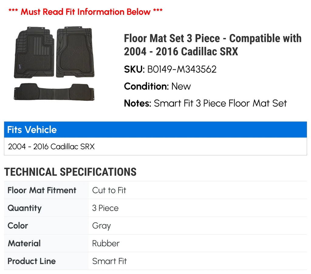 Floor Mat Set 3 Piece - Compatible with 2004 - 2016 Cadillac  2005 2006 2007 2008 2009 2010 2011 2012 2013 2014 2015