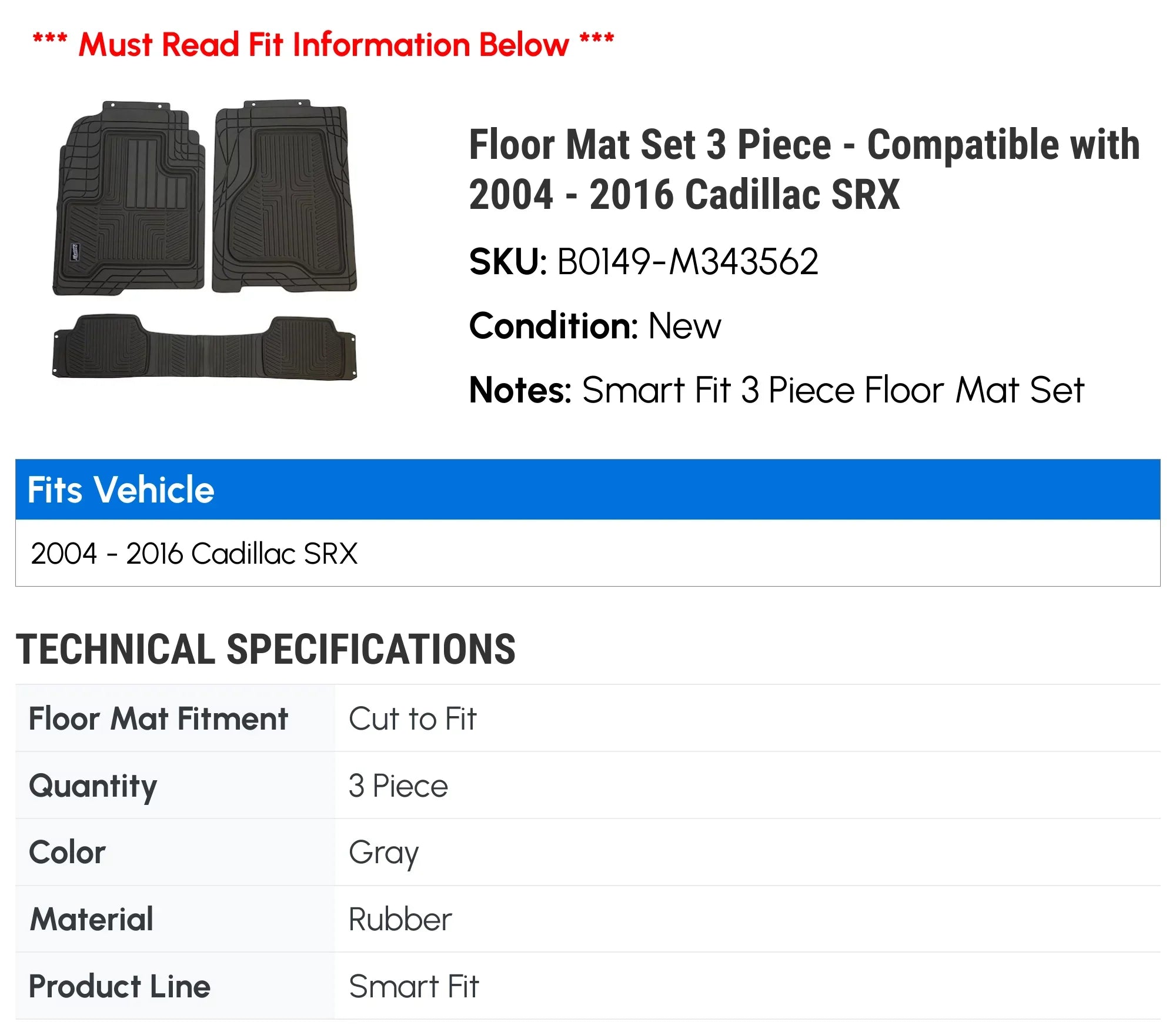Floor Mat Set 3 Piece - Compatible with 2004 - 2016 Cadillac  2005 2006 2007 2008 2009 2010 2011 2012 2013 2014 2015