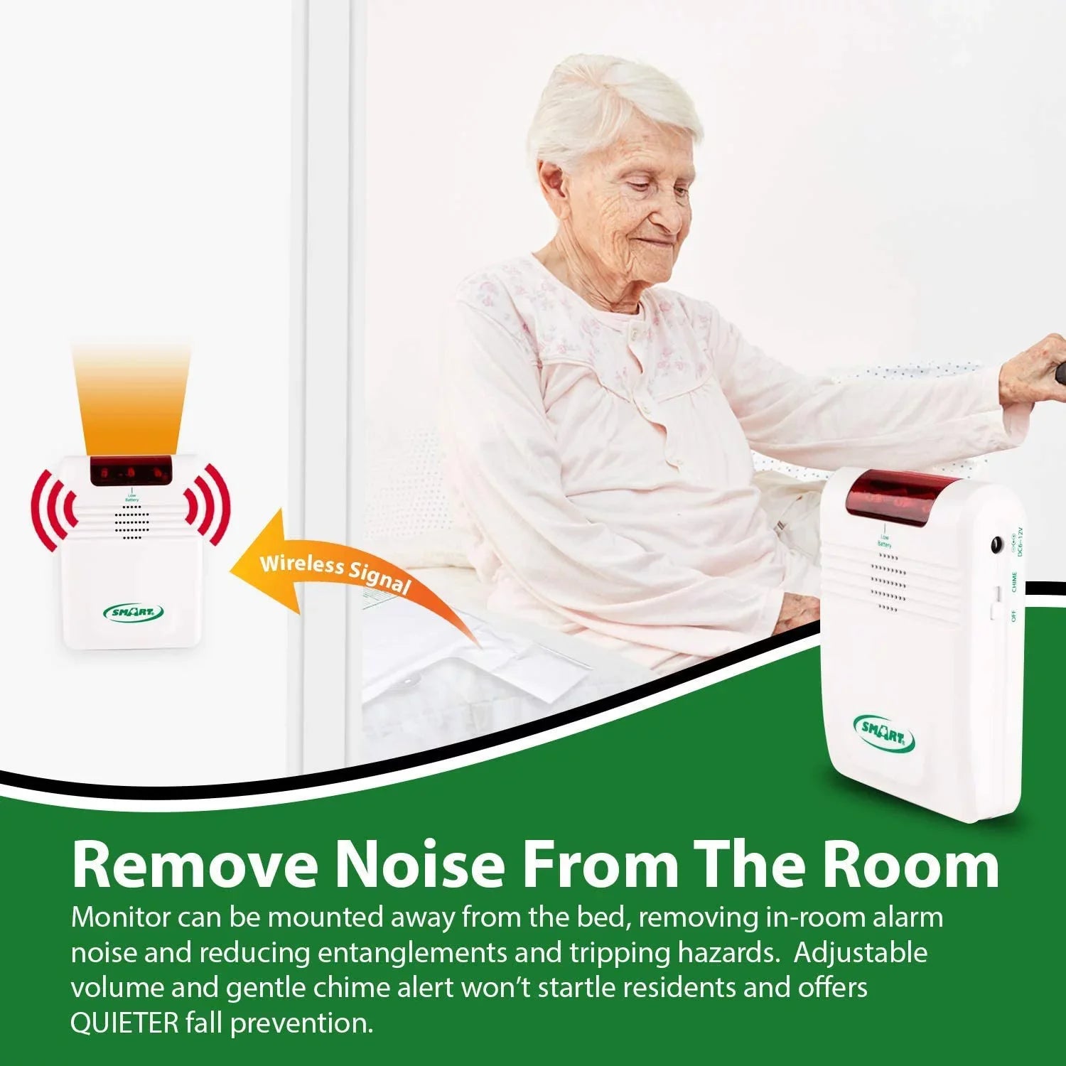 Smart Caregiver Wireless Bed Alarm System - Cordless Weight Sensing Bed Alarm Pad (10” x 30”) with Remote Alert Monitor and  Adapter
