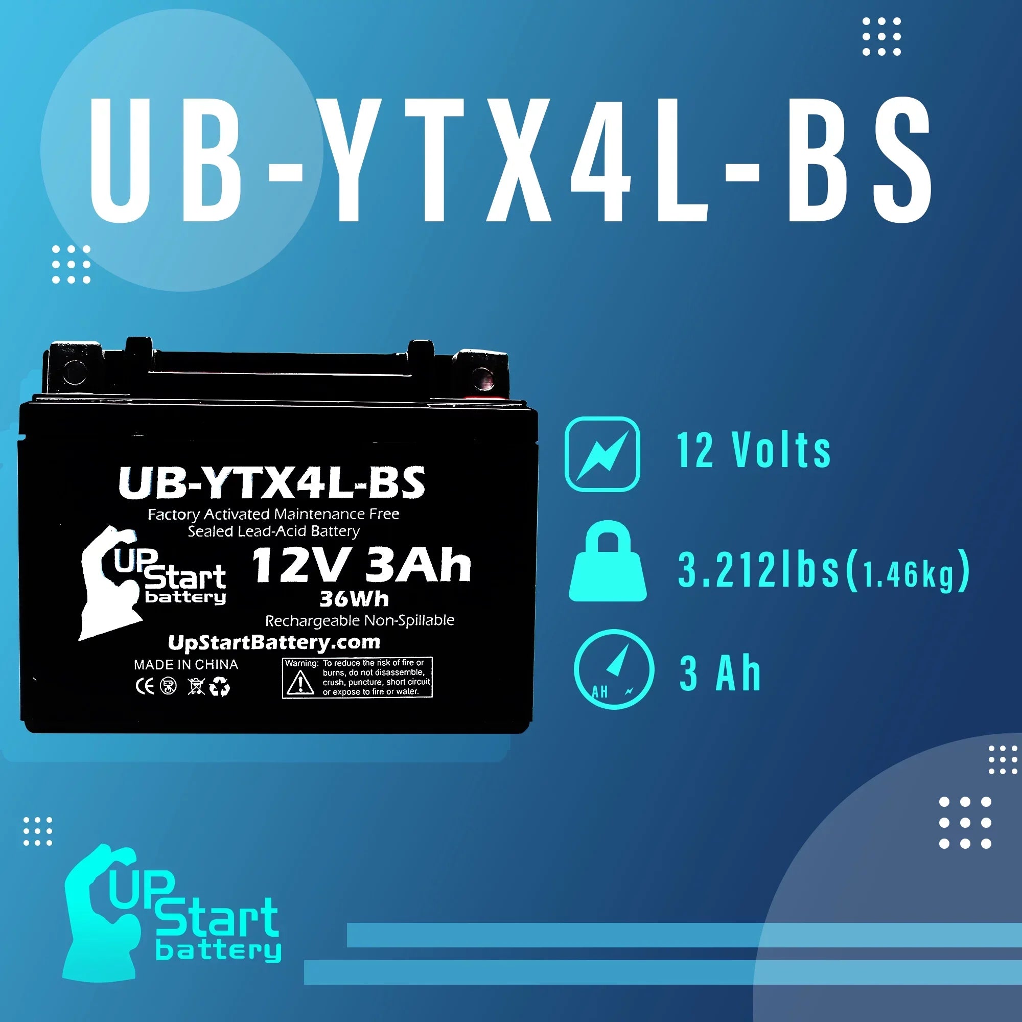 4-Pack UpStart Battery Replacement for 2004 Bombardier (Can-Am) , , Quest 90CC Factory Activated, Maintenance Free,  Battery - 12V, 3Ah, --