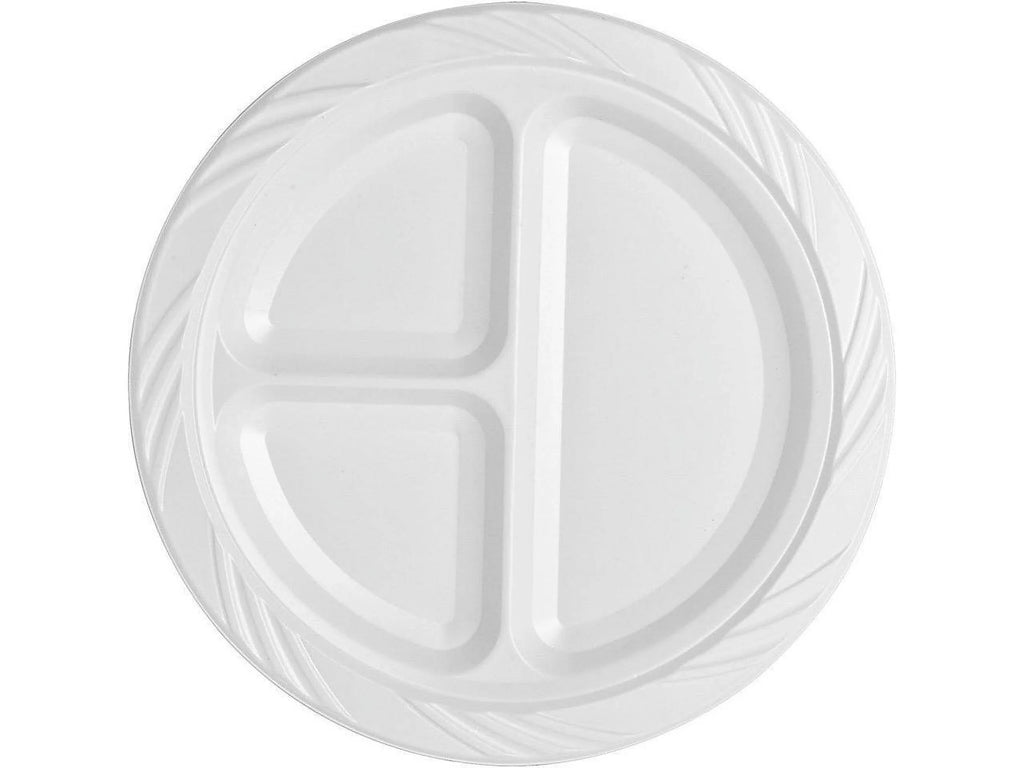 Genuine Joe 3-section Round Plastic Plates, 9", 125 Pack,