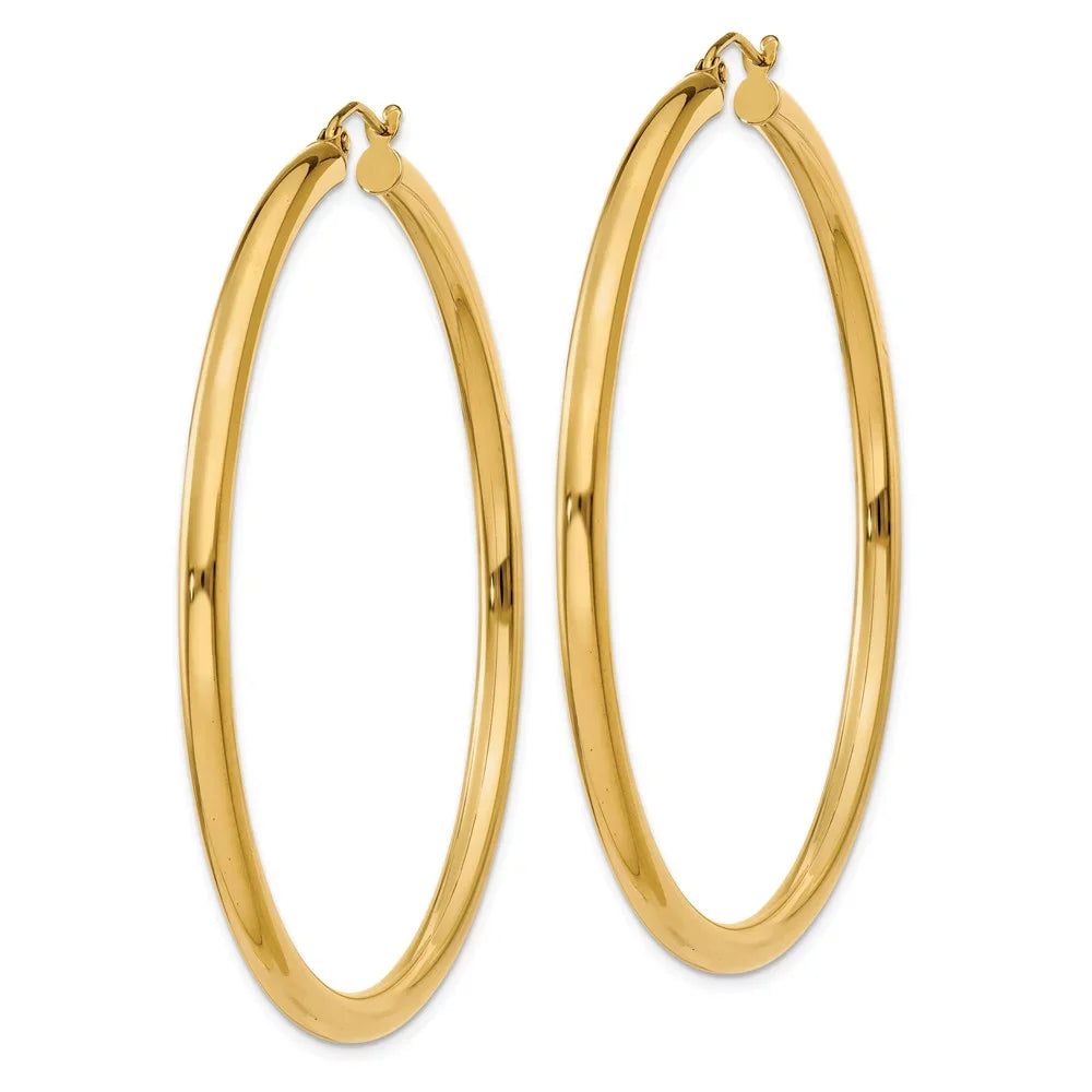 Real 14kt Yellow Gold Polished 3mm Lightweight Tube Hoop Earrings; for Adults and Teens; for Women and Men