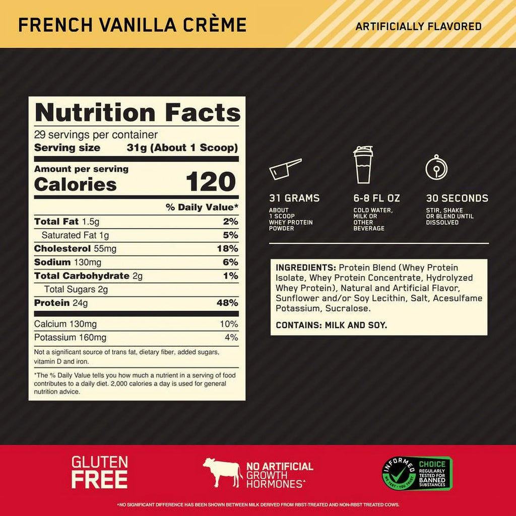 Optimum Nutrition, Gold Standard 100% Whey Protein Powder, French Vanilla Creme, 2 lb, 29 Servings