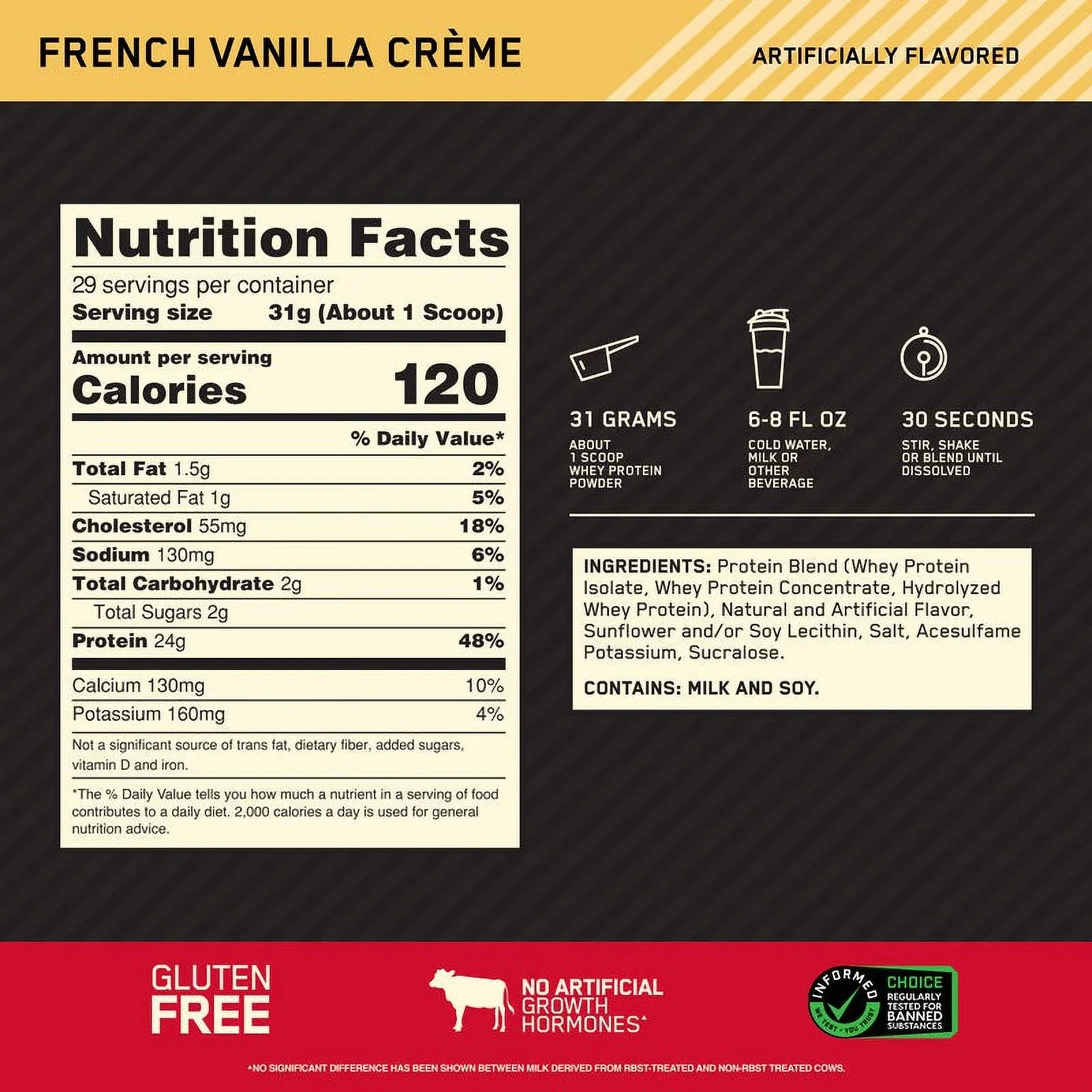 Optimum Nutrition, Gold Standard 100% Whey Protein Powder, French Vanilla Creme, 2 lb, 29 Servings