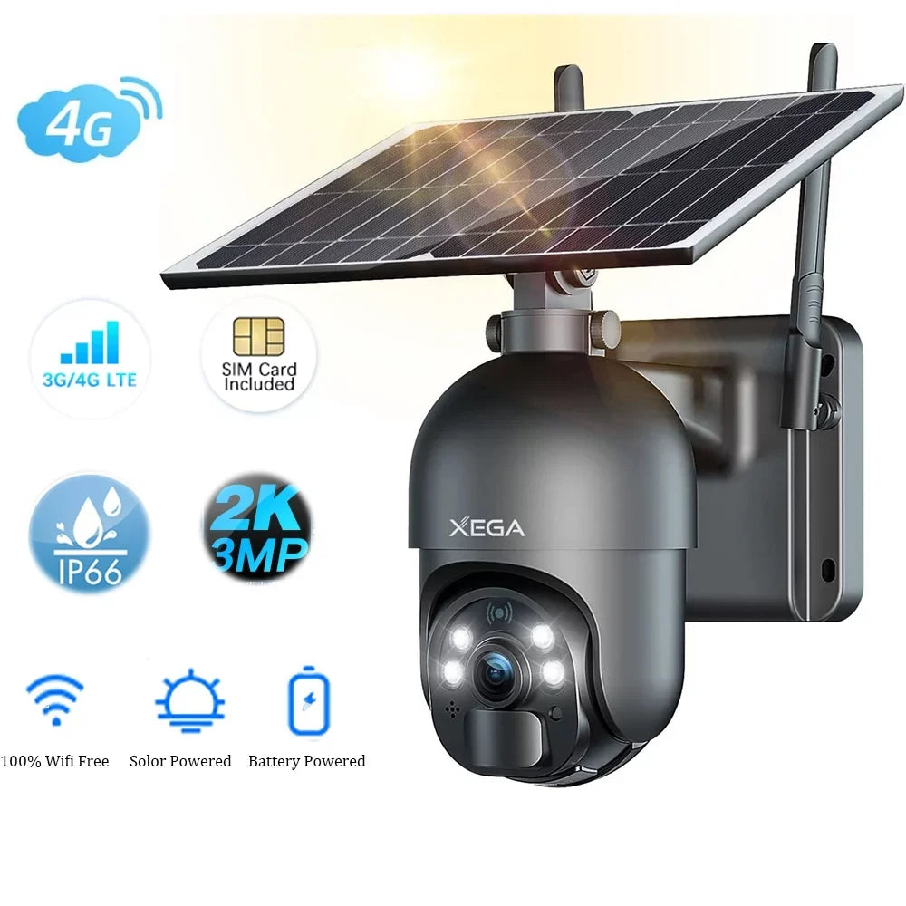Xega 2K Outdoor 3G/4G  Cellular Solar/Battery Power Wireless Security Camera with  Card, 14400mAh Rechargeable Battery, 4X Zoom, 355° Pan 95° Tilt, Night Vision, 2-Way Talk, , No Wifi Need