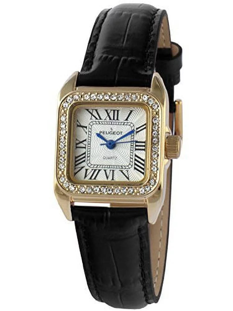 peugeot womens 14k gold plated square tank petite small black leather band luxury dress watch 3052bk