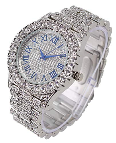 Charles Raymond Mens Silver Big Rocks with Roman Numerals Fully Iced Out Colorful Dial Wristwatch w/Blinged Out Cuban Shiny Silver Bracelet -   Cuban (Silver Royal Blue  #)
