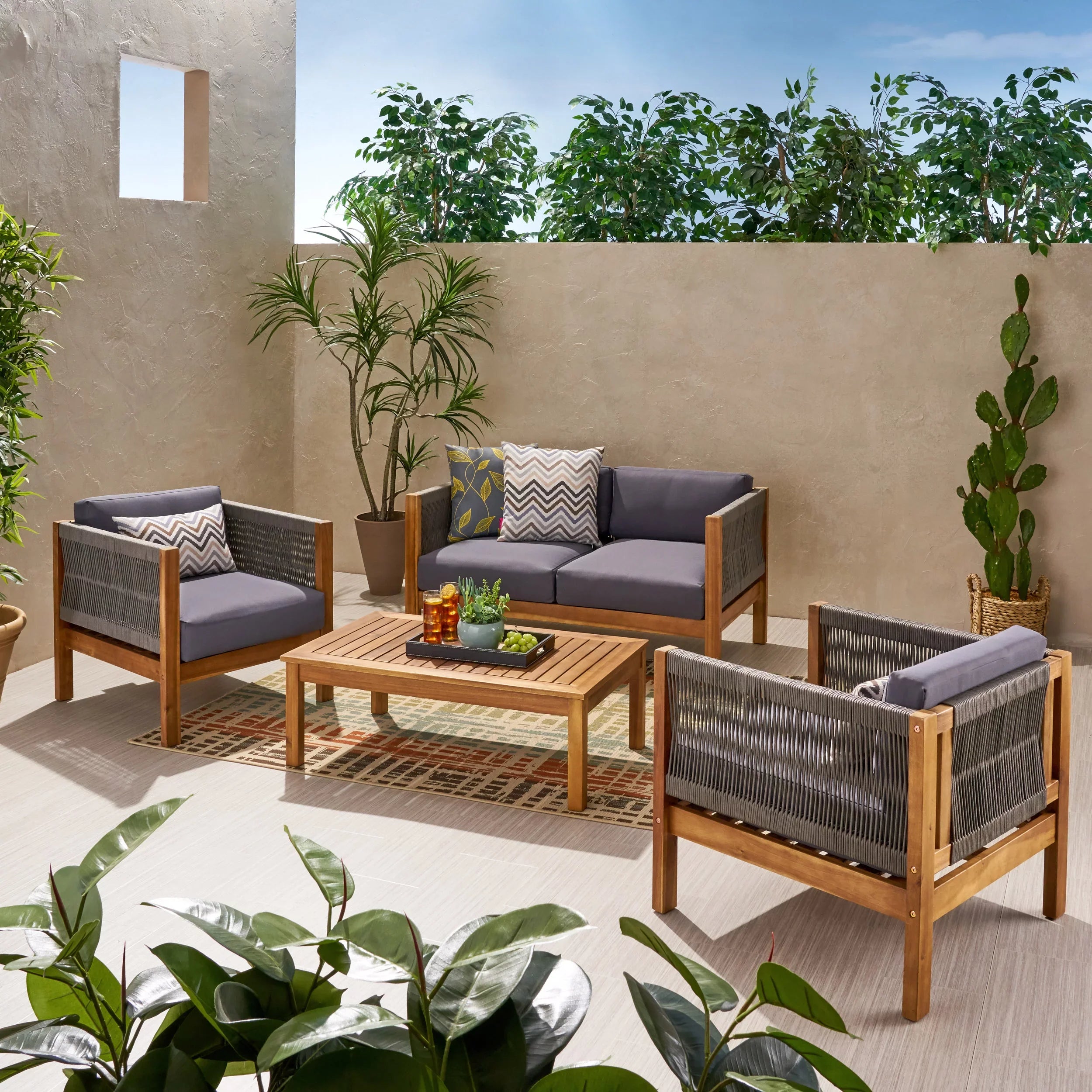 Studio Charlotte Outdoor Acacia Wood and Rope 4 Seater Chat Set with Cushions, Teak and Gray