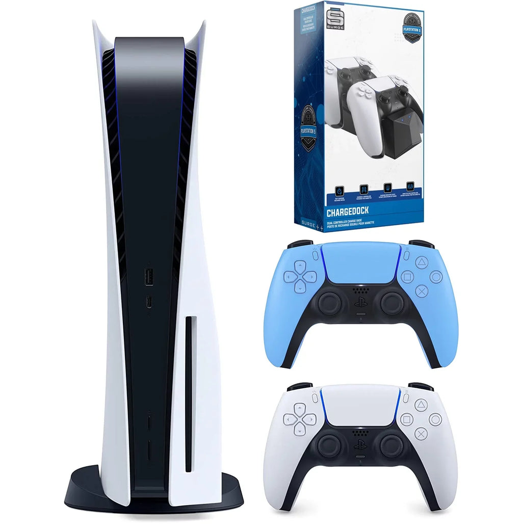 Sony Playstation 5 Disc Version (Sony  Disc) with Extra Controller and Dual Charging Station - Starlight Blue Bundle