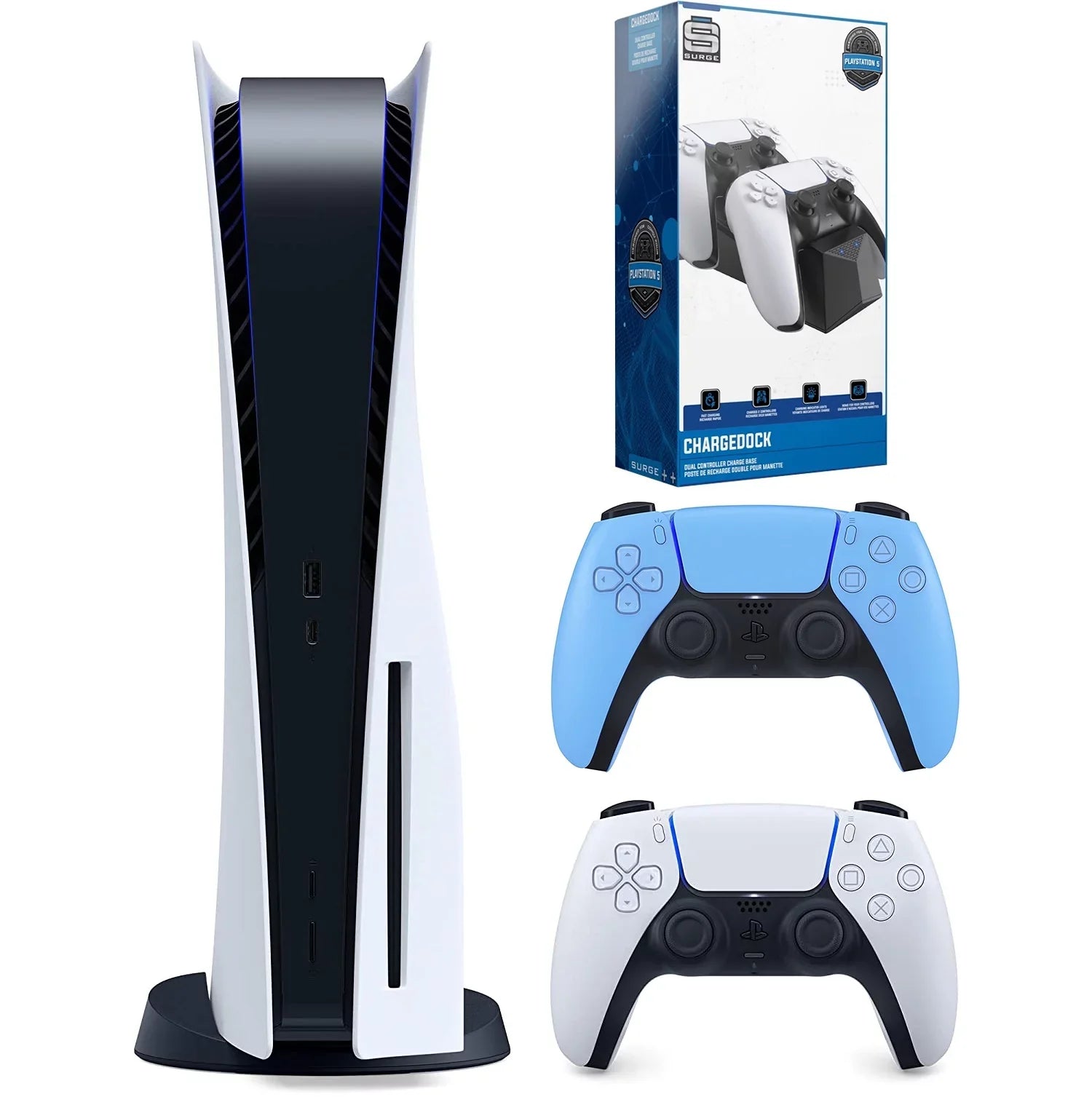 Sony Playstation 5 Disc Version (Sony  Disc) with Extra Controller and Dual Charging Station - Starlight Blue Bundle