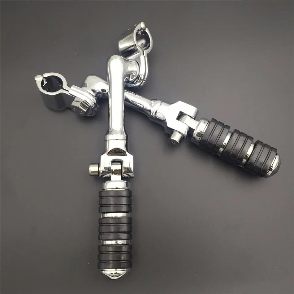 '- Chrome Regular Footrest Foot Pegs with 1-1/2" 1.5" Long Angled Clamps For Harley Sportster 883  1200/Triumph Rocket 3 /Kawasaki Vulcan