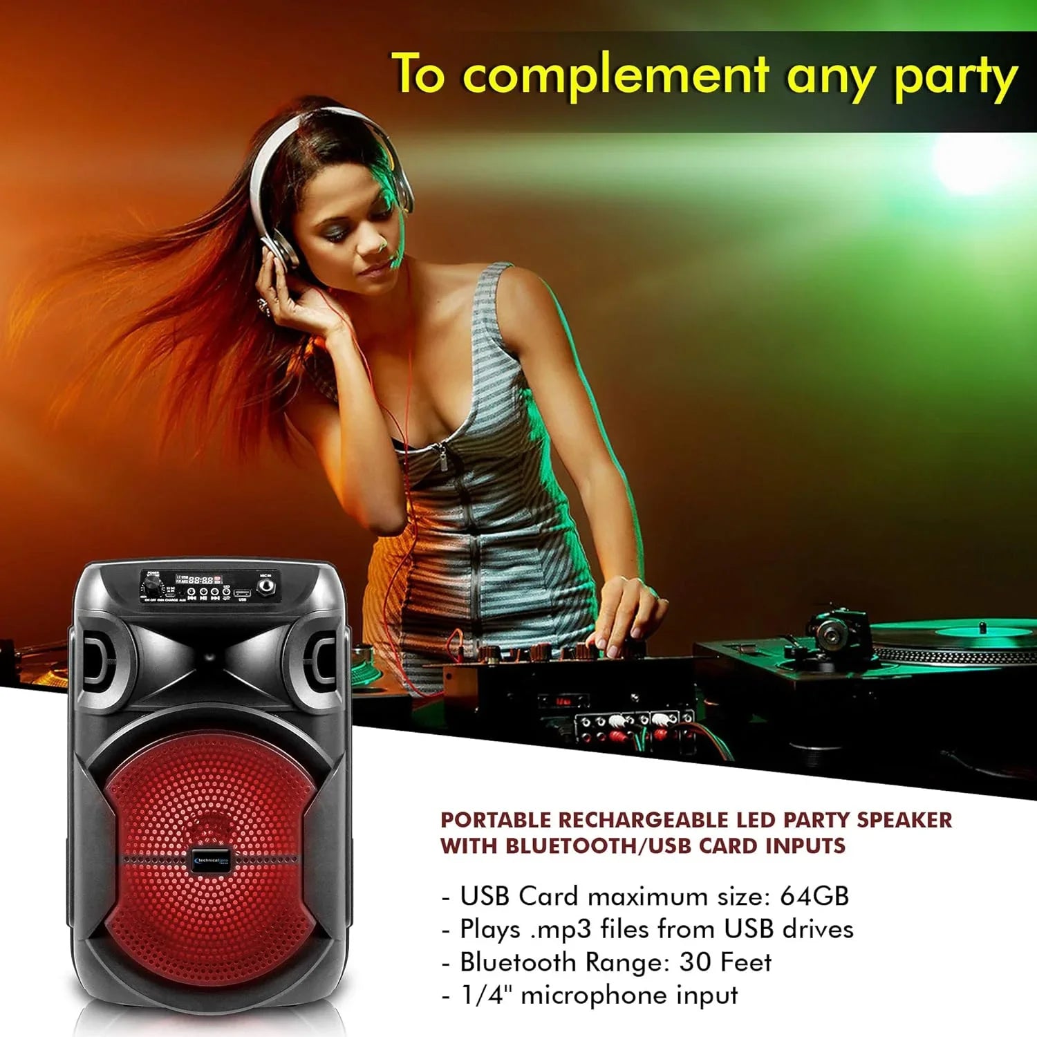 8 Inch Portable 500 Watts Bluetooth Speaker /Woofer & Tweeter /Digital Processing,  To 1/4" For Karaoke (Black, Speaker)