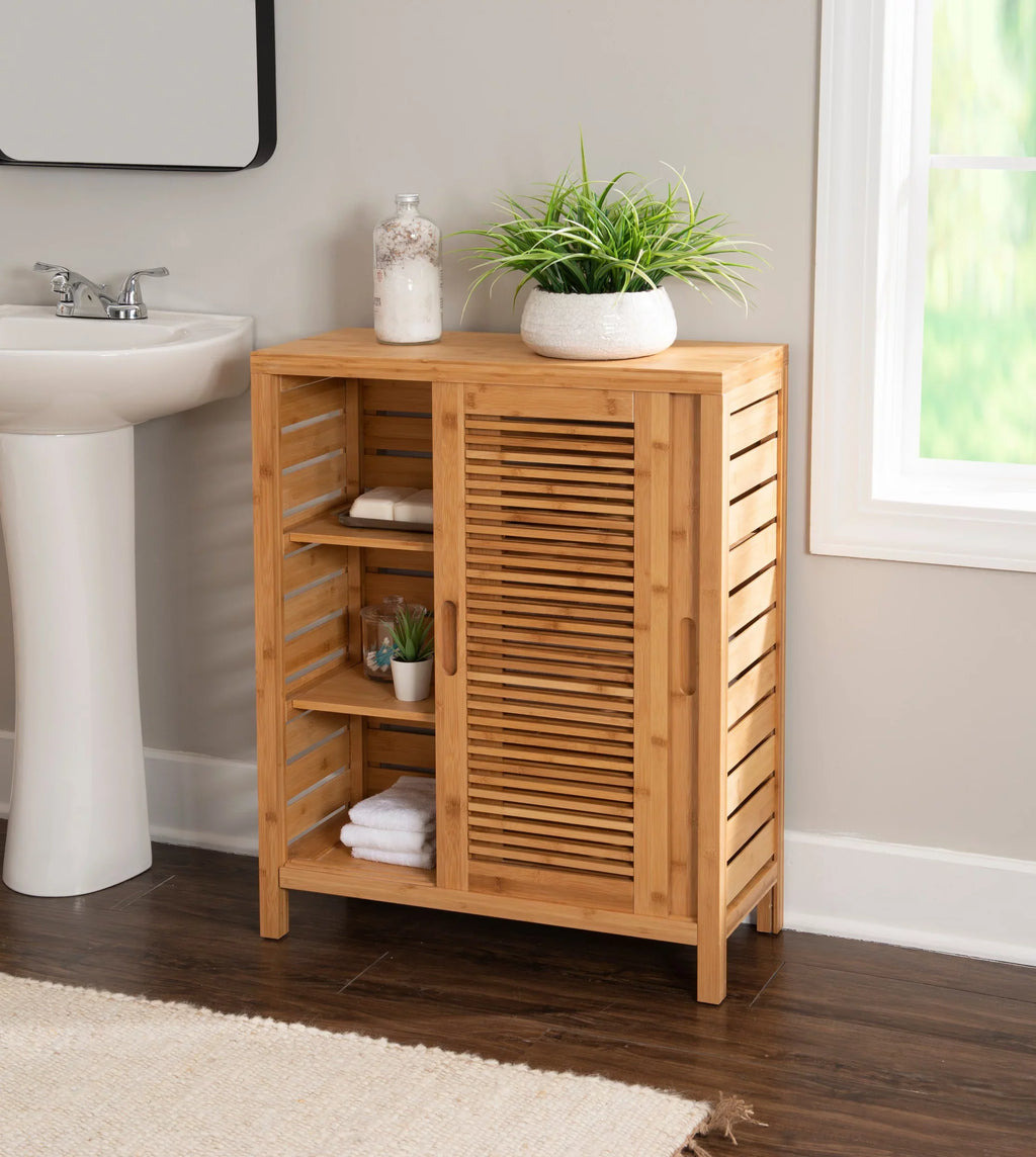Linon Bracken 3 Shelf 2 Door Bathroom Storage Floor Cabinet, Bamboo
