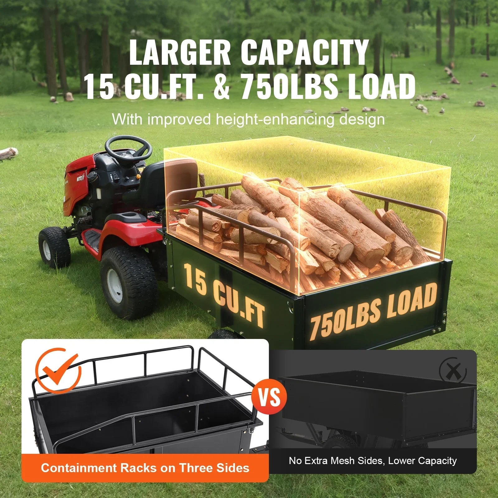 Dump Trailer Tow Behind Dump Cart, 750 lbs 15 Cu. Ft, Steel Construction Garden Utility Trailer with Removable Sides