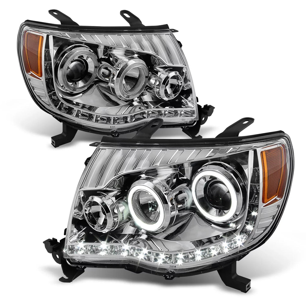 '- For Toyota Tacoma Chrome Clear Dual Halo Ring  Daylight  Projector Headlights Replacement Pair