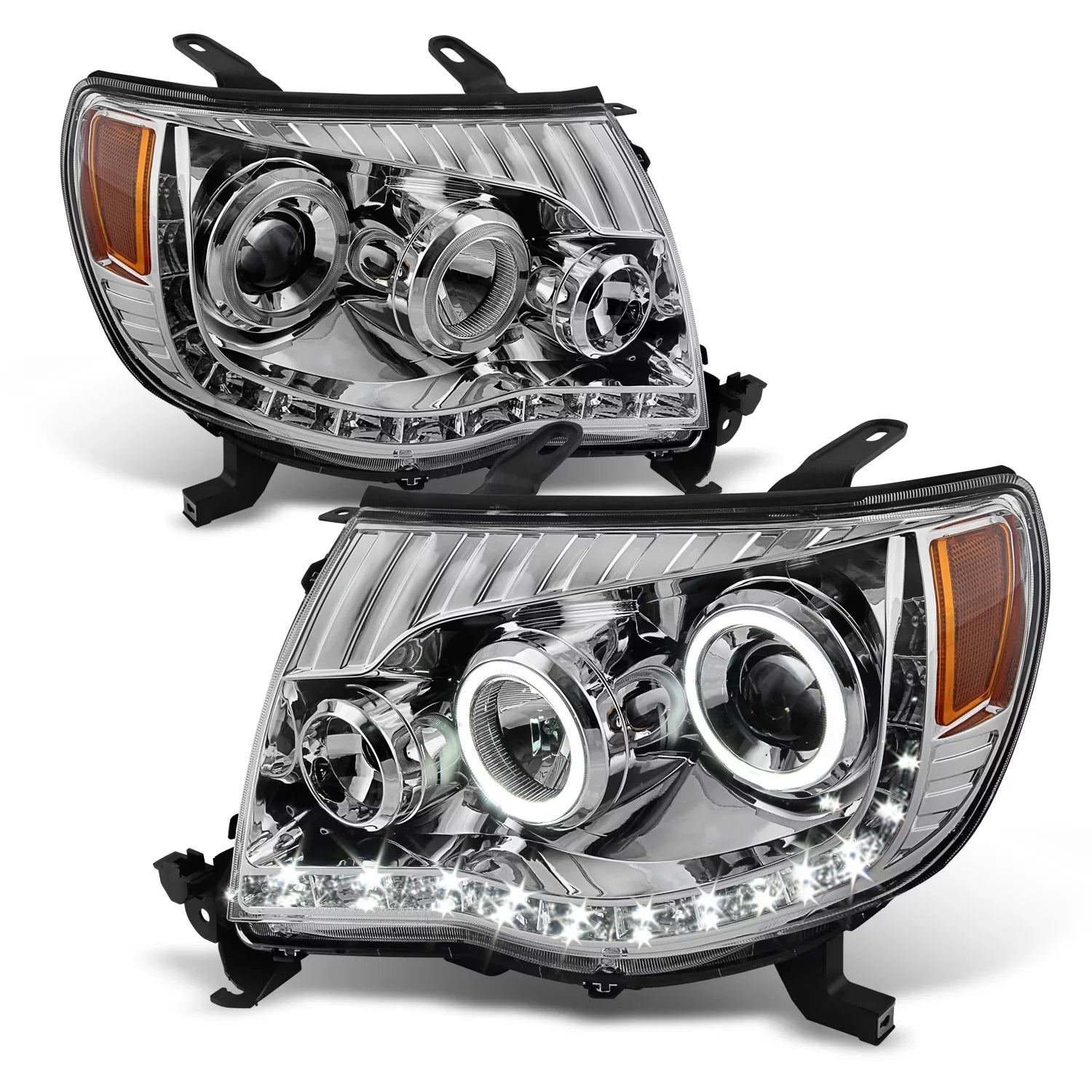 '- For Toyota Tacoma Chrome Clear Dual Halo Ring  Daylight  Projector Headlights Replacement Pair