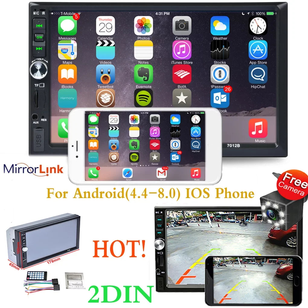 Vehicle Car Stereo Radio 7" Double Din Bluetooth  Touch Screen Car  with Reverse Camera And Mirror Link(Both Support  and Android System)