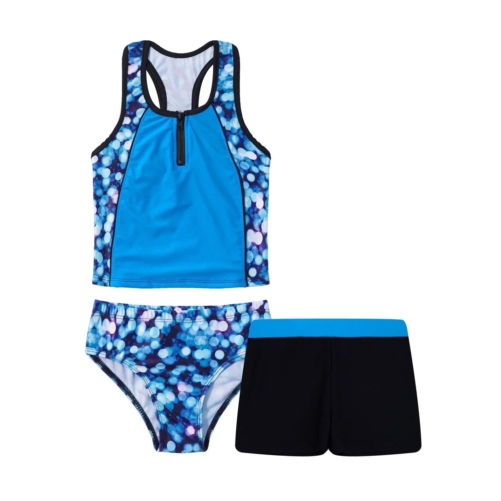 3 Pieces Girls Tankini Swimsuit Set Summer Bathing Suit Floral Hawaii Beach Swimwear,Sizes 4-16 Blue 8