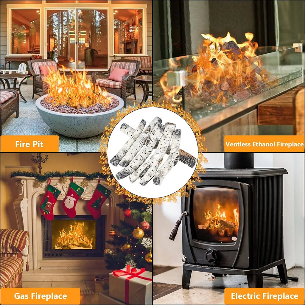 Hisencn Gas Fireplace Logs, 6 Pcs White Birch Ceramic Gas Logs for Gas Fireplace, Indoor Electric Gas Inserts, Propane, Vented, Gel, Ethanol, Indoor or Outdoor Fireplaces, Fireplace Decor