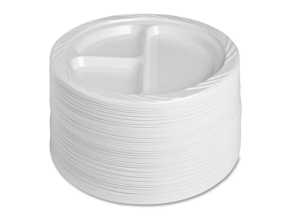 Genuine Joe 3-section Round Plastic Plates, 9", 125 Pack,